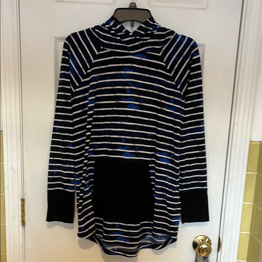 Striped Black and Blue LuLaRoe Amber Hoodie. Size Medium.